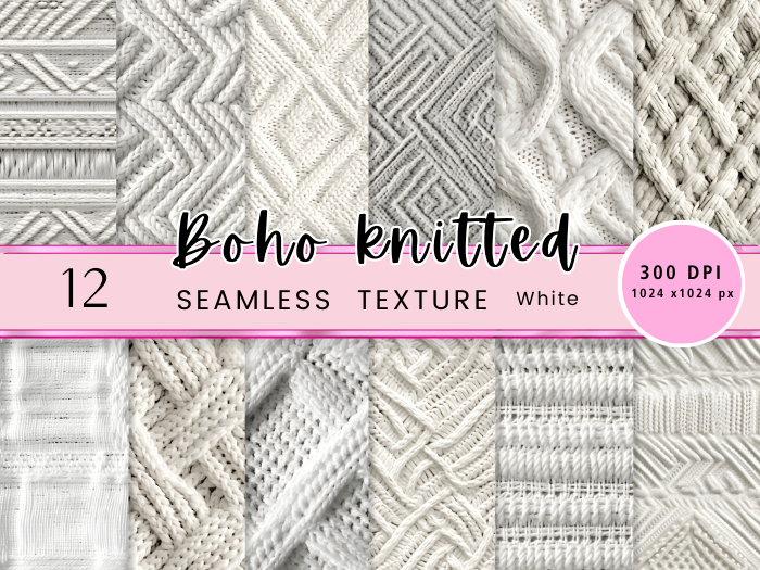 Seacloud. 12 Boho Knitted White Texture Seamless 