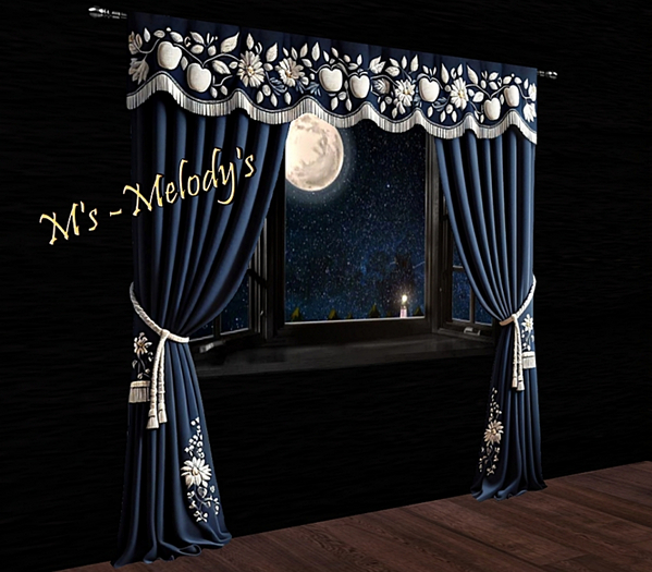 M's - Blue curtain with white embroidery - "Rian apple"