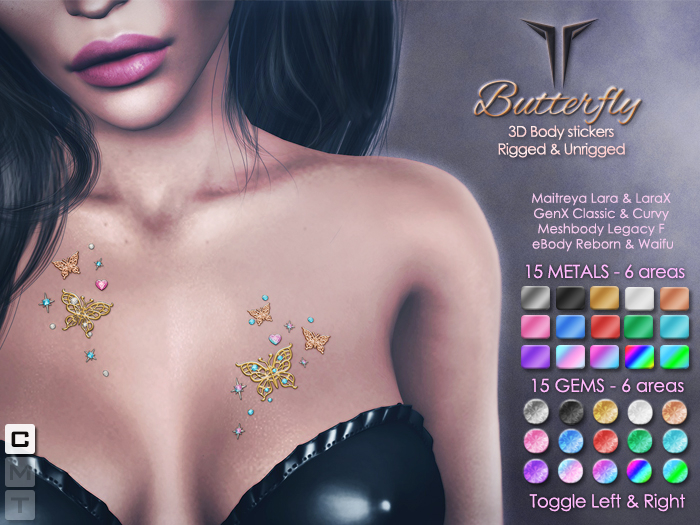 **RE** Butterfly 3D Body Stickers - Fit Mesh - Maitreya, Lara X, GenX, eBODY, Meshbody