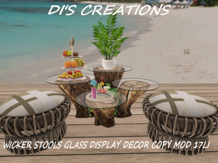 WICKER STOOLS GLASS DISPLAY DECOR