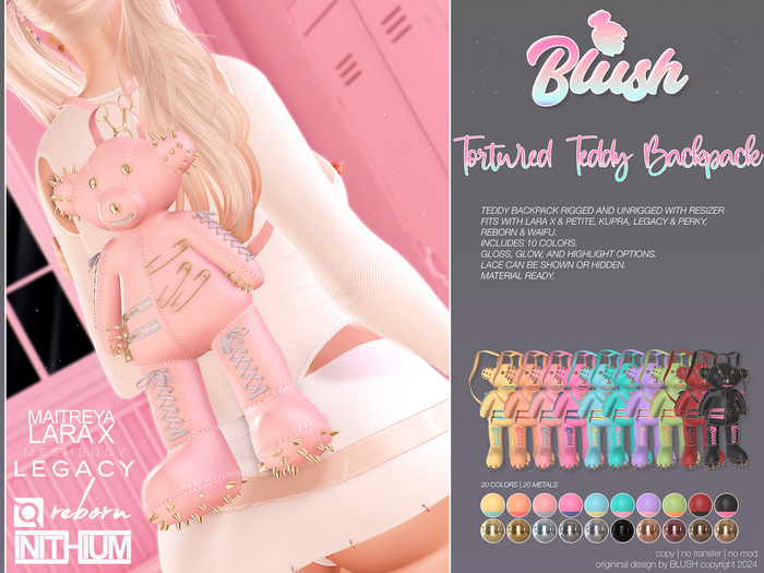 BLUSH - Tortured Teddy Backpack - Fatpack 10 Colors