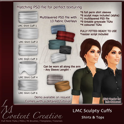 LMC Sculpty Pack - Shirt Cuffs - Including texturing TGAS & PSD File!