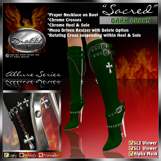 !Drakke! "Sacred" Knee High Boots(Dark Green) ~ Comes with Alpha Masks, SL Viewer 2 Ready