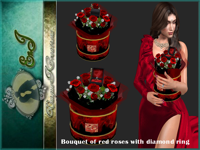 Bouquet of red roses with diamond ring