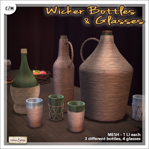 [V/W] Wicker Bottles and Glasses - Medieval Fantasy / Renaissance Drink Containers -  3 Different Bottles, 4 Glasses  