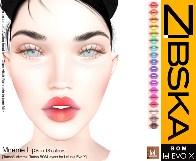 Zibska Evo X ~ Mneme Lips in 18 colors with tattoo and universal tattoo BOM layers