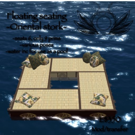 Floating seating platform - oriental bamboo with stork design silk cushions - perfect seating for up to 6 avatars:)
