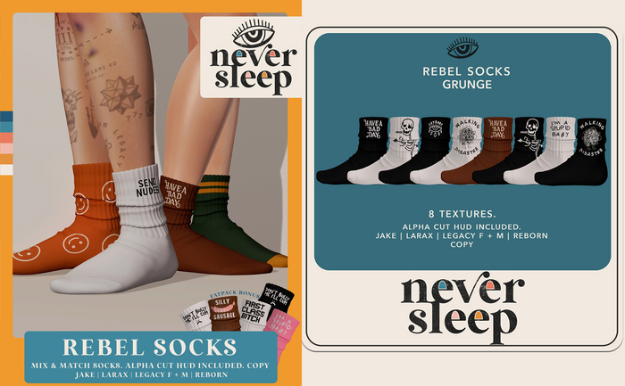 Never Sleep // Rebel Socks // Grunge Pack