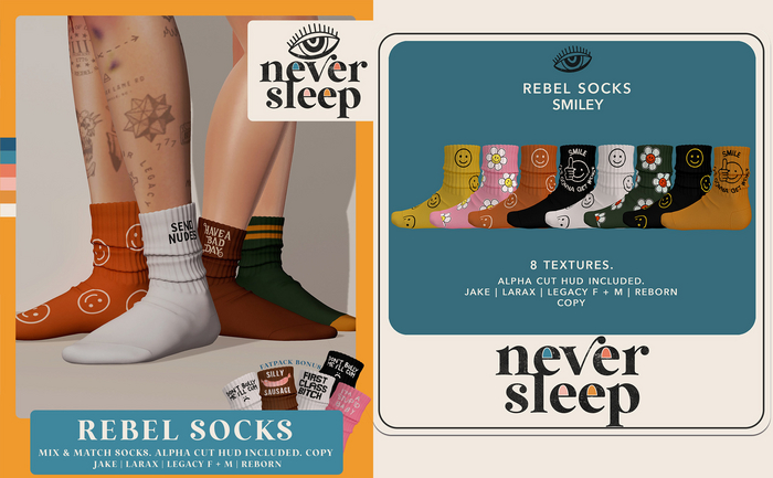 Never Sleep // Rebel Socks // Smiley Pack