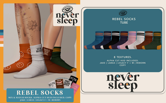 Never Sleep // Rebel Socks // Tube Pack