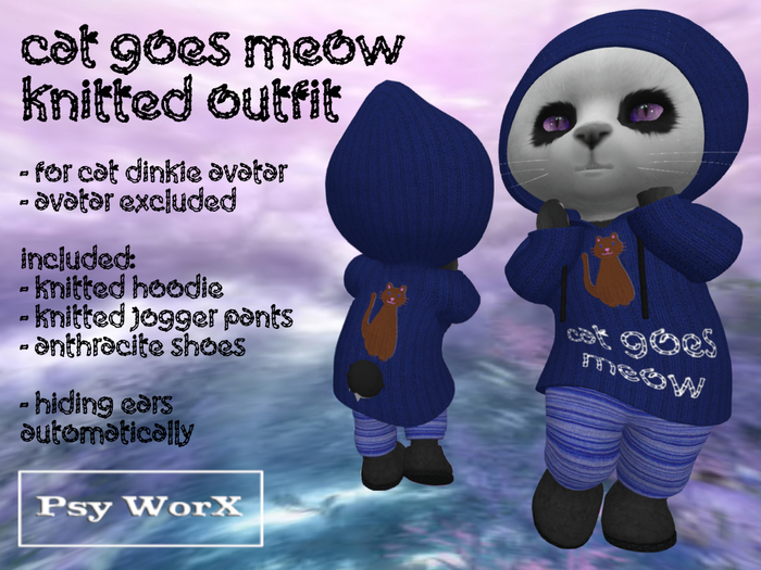 >PsyWorX< Cat Goes Meow Knitted Outfit Dinkies Blue