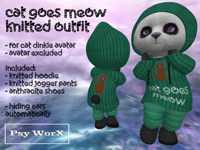 >PsyWorX< Cat Goes Meow Knitted Outfit Dinkies Green