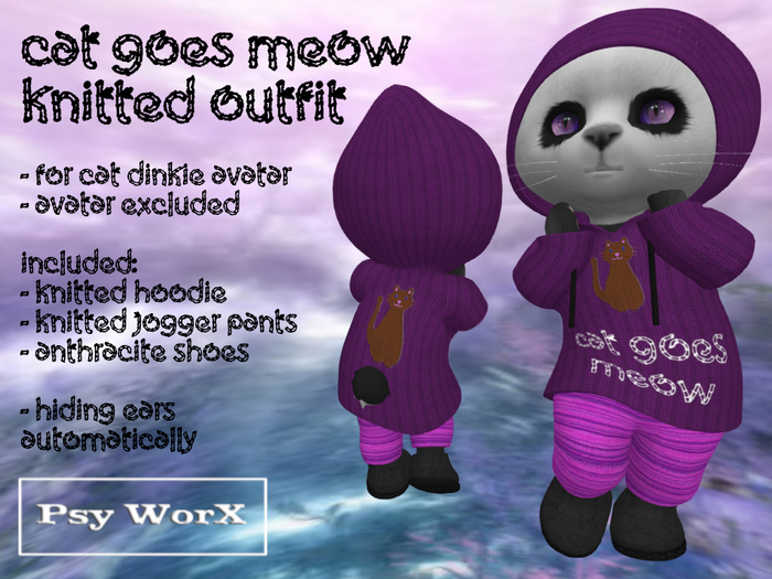 >PsyWorX< Cat Goes Meow Knitted Outfit Dinkies Magenta