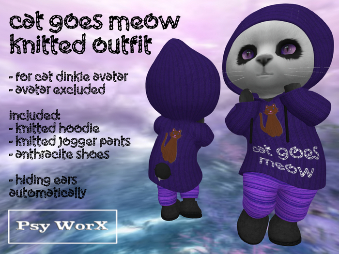 >PsyWorX< Cat Goes Meow Knitted Outfit Dinkies Purple