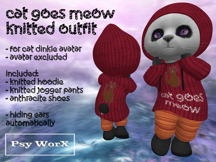 >PsyWorX< Cat Goes Meow Knitted Outfit Dinkies Red-Orange