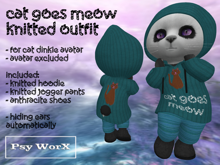 >PsyWorX< Cat Goes Meow Knitted Outfit Dinkies Teal