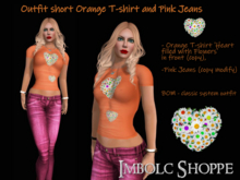 Outfit tshirt Orange Flower in Heart, Jeans pink, Imbolc, flowers on t-shirt, sweet outfit, pink jeans