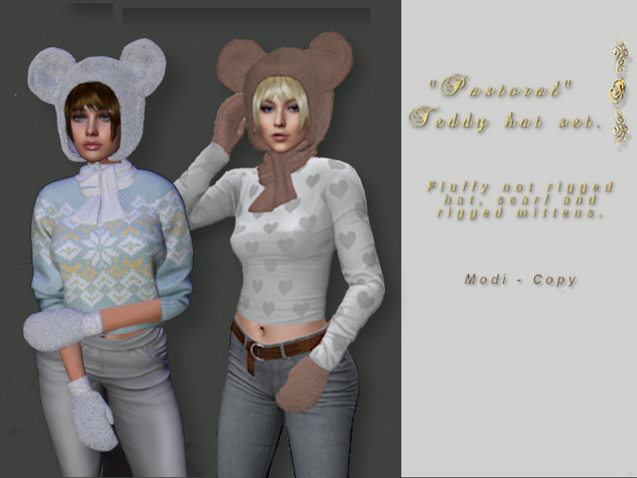 "PASTORAL" Teddy Hat Set. Hat, scarf & mittens 