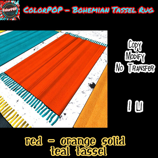 ColorPOP - Bohemian Tassel Rug - Red-Orange Solid Teal Tassel