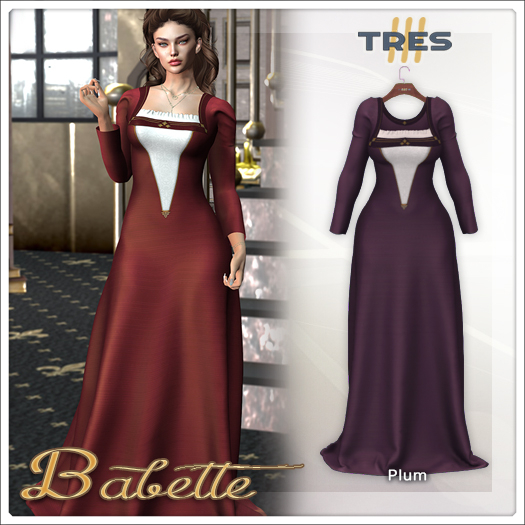 TRES - Babette Plum - Long Sleeve Medieval Fantasy Dress for Khara, Lara X, Legacy, Maitreya, Reborn - Mesh Gown 