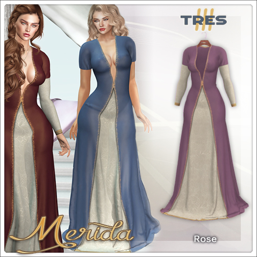 TRES - Merida Rose - Long & Short Sleeves Medieval Fantasy Dress Gown for Khara, Legacy, Maitreya, Reborn