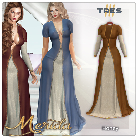 TRES - Merida Honey - Long & Short Sleeves Medieval Fantasy Dress Gown for Khara, Legacy, Maitreya, Reborn