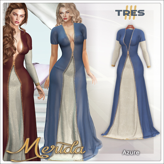 TRES - Merida Azure - Long & Short Sleeves Medieval Fantasy Dress Gown for Khara, Legacy, Maitreya, Reborn