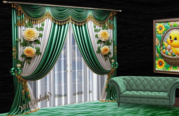 M's - Green Curtain with Roses - "Verdiana"