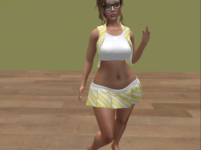 One in a melon yellow stripes skirt and jacket