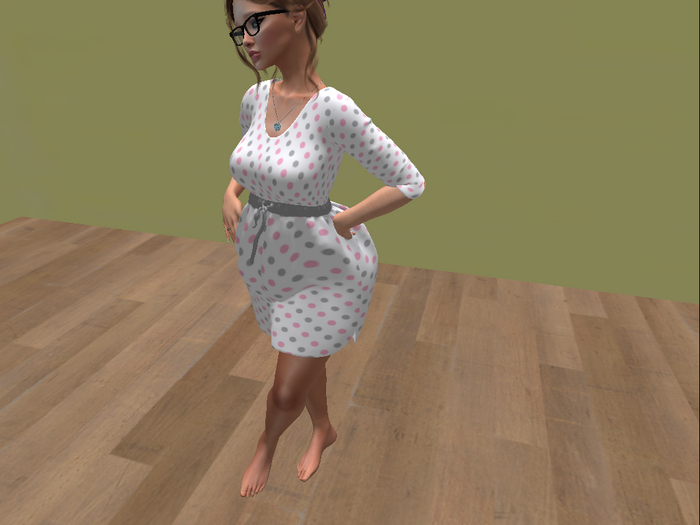 One in a melon pink/gray dot 3 quarter dress