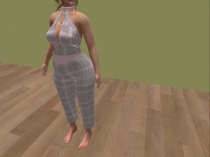 One in a melon pink plaid jumpsuit