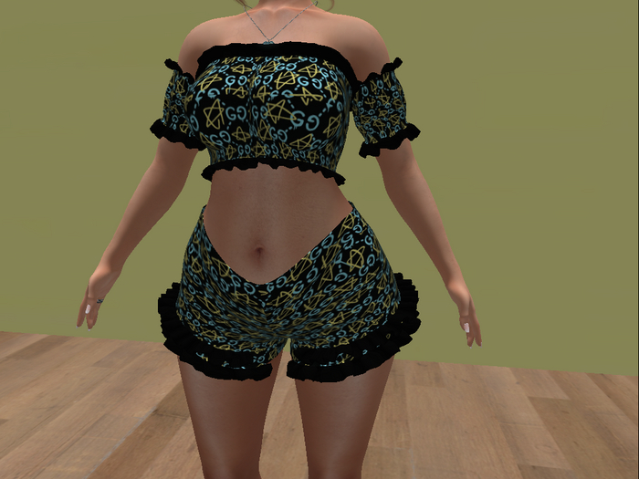 One in a melon blue gold star g frill crop and frill shorts