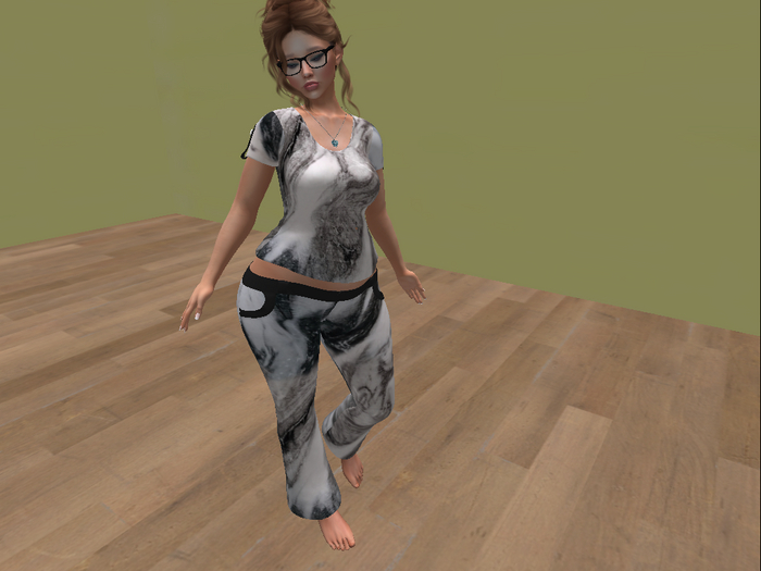 One in a melon black/white marble snap tee and flares