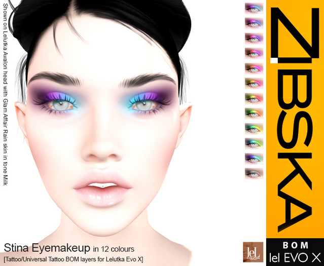 Zibska Evo X ~ Stina Eyemakeup in 12 colors with tattoo and universal tattoo BOM layers