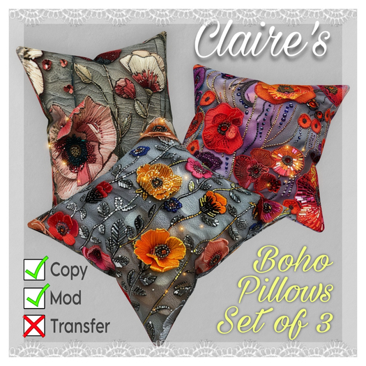 [Claire's] Boho Floral Embroidered Pillows - Set of 3 - Poppies