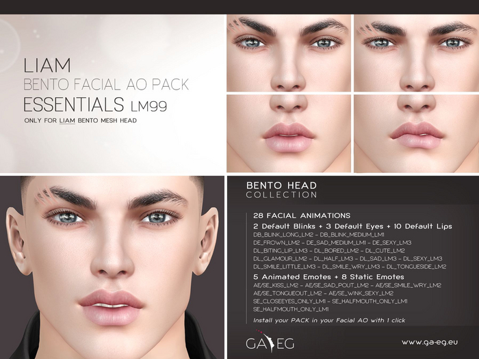 Second Life Marketplace - NEW !!! [GA.EG] Liam Bento Facial AO Pack ...