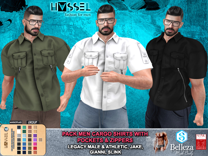 (HASSEL) MEN CARGO SHIRTS SHORT SLEEVE LEGACY MALE, LEGACY ATHLETIC, BELLEZA JAKE, SIGNATURE GIANNI, SLINK MALE 448 
