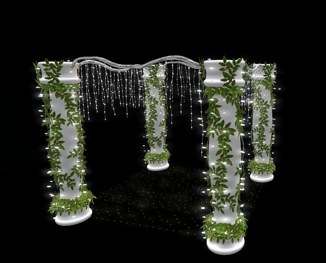 Pavilion of columns with lighting and plants