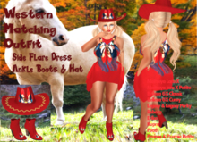 WESTERN SIDE FLARE DRESS OUTFIT #6 +LEATHER BOOTS-COWGIRL HAT Fits 12 Mesh Bodies includes Lara X + Petite, GX, Curvy