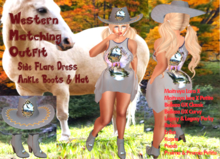 WESTERN SIDE FLARE DRESS OUTFIT #5 +LEATHER BOOTS-COWGIRL HAT  Fits 12 Mesh Bodies includes Lara X + Petite, GX, Curvy