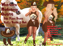 WESTERN SIDE FLARE DRESS OUTFIT #4 +LEATHER BOOTS-COWGIRL HAT  Fits 12 Mesh Bodies includes Lara X + Petite, GX, Curvy