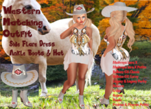 WESTERN SIDE FLARE DRESS OUTFIT #1 +LEATHER BOOTS-COWGIRL HAT  Fits 12 Mesh Bodies includes Lara X + Petite, GX, Curvy++