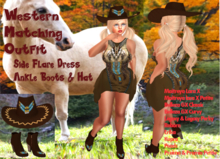 WESTERN SIDE FLARE DRESS OUTFIT #2 +LEATHER BOOTS-COWGIRL HAT  Fits 12 Mesh Bodies includes Lara X + Petite, GX, Curvy++