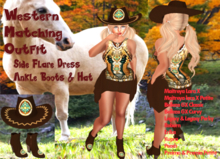 WESTERN SIDE FLARE DRESS OUTFIT #3 +LEATHER BOOTS-COWGIRL HAT  Fits 12 Mesh Bodies includes Lara X + Petite, GX, Curvy