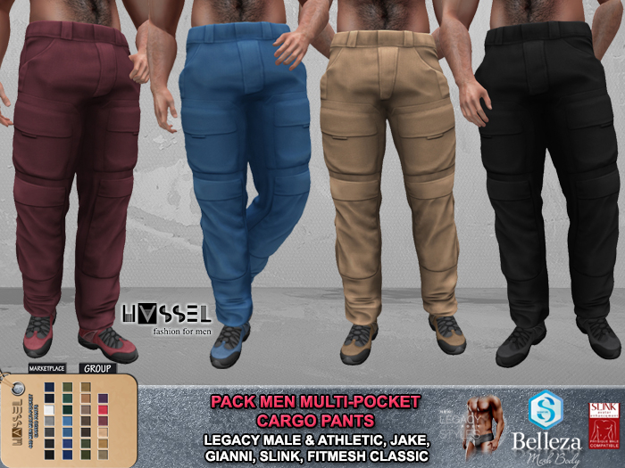 (HASSEL) PACK MEN MULTI-POCKET CARGO PANTS - LEGACY MALE & ATHLETIC, JAKE, GIANNI, SLINK MALE 449