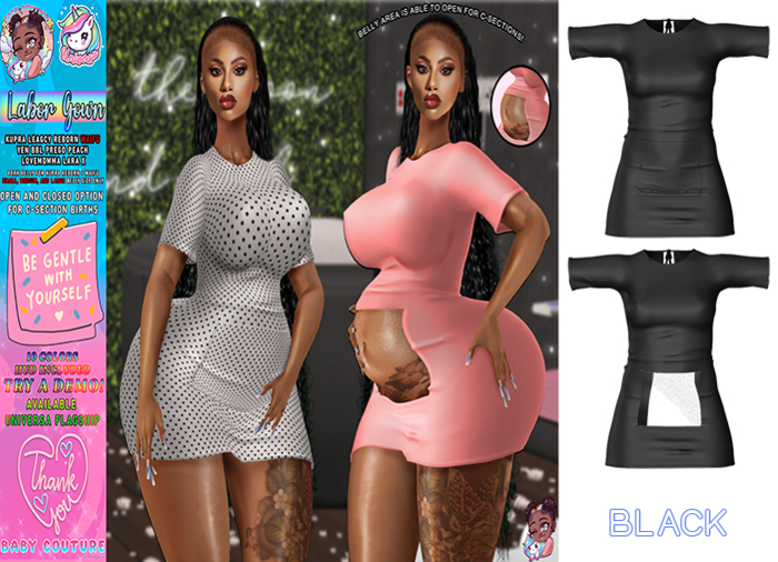 #BCxU Labor Gown BLACK - Kupra - Legacy & Preg - LaraX - Peach - Yen BBL Prego - LoveMomma - Reborn - Waifu - Bork SML
