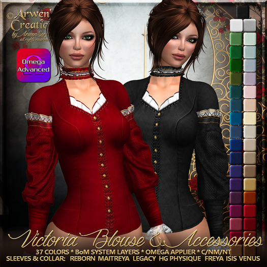 {AS} Victoria Blouse Bakes on Mesh system layer & fitted mesh sleeves & collar: 37 colors; Vintage, Victorian, Old West