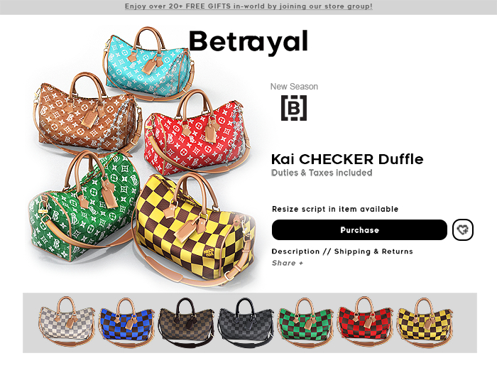 BETRAYAL. Kai CHECKER Duffle Bag - HUD Driven + UNISEX Bento Poses