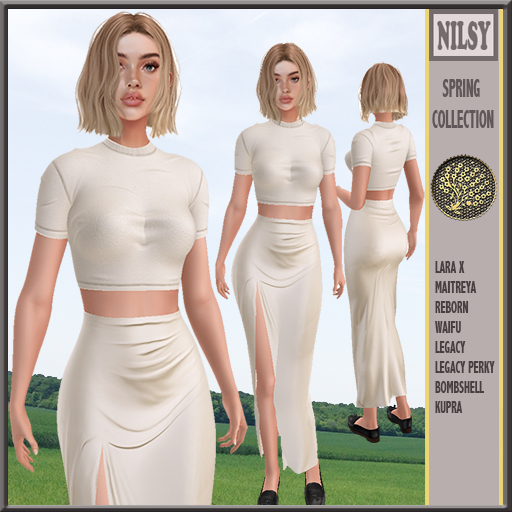 ECRU CROPPED TSHIRT&SLIT SKIRT