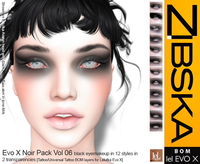 Zibska Evo X ~ Noir Pack Vol 06 Black Eyeshadow in 12 styles in 2 transparencies tattoo and universal tattoo BOM layers